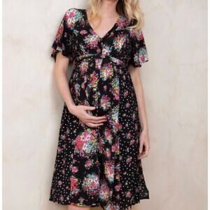 Seraphine Lexe Short Sleeve Floral Midi Dress Black Womens Size 10